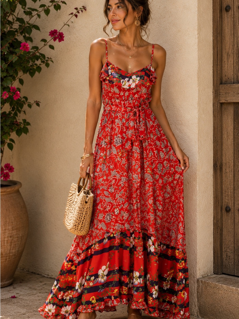 Women's Red Floral Maxi Dress with Spaghetti Straps
